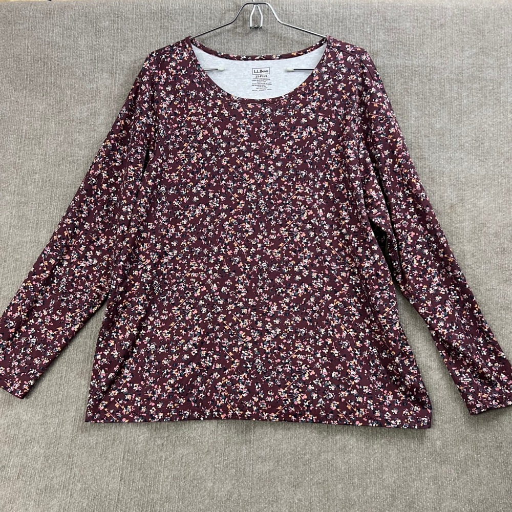 L.L.Bean‎ Women's 2X Plus Burgundy Floral Supima Cotton Long Sleeve Top